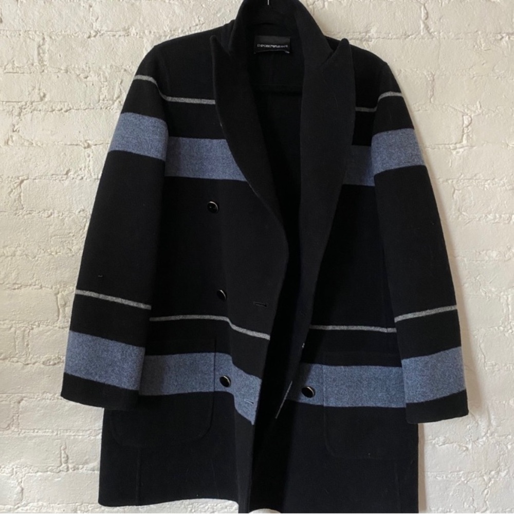 Emporio Armani Black and Blue Striped Coat 42